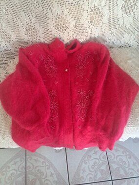 VTG 80s Pink Angora Rabbit Hair Beaded Floral Cocoon Cardigan Sweater Jacket M